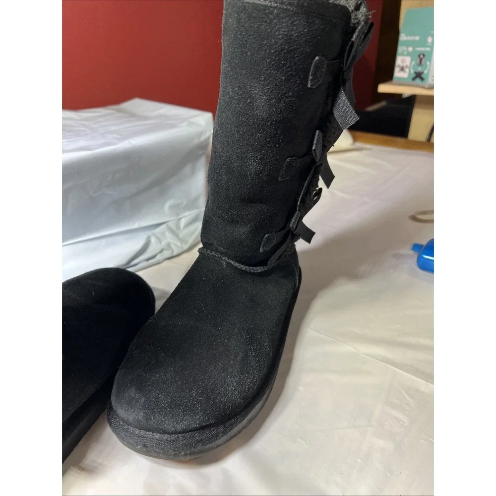 KOOLABURRA BY UGG VICTORIA TALL FAUX FUR BOW SUEDE BLACK WINTER SNOW BOOTS SZ 4